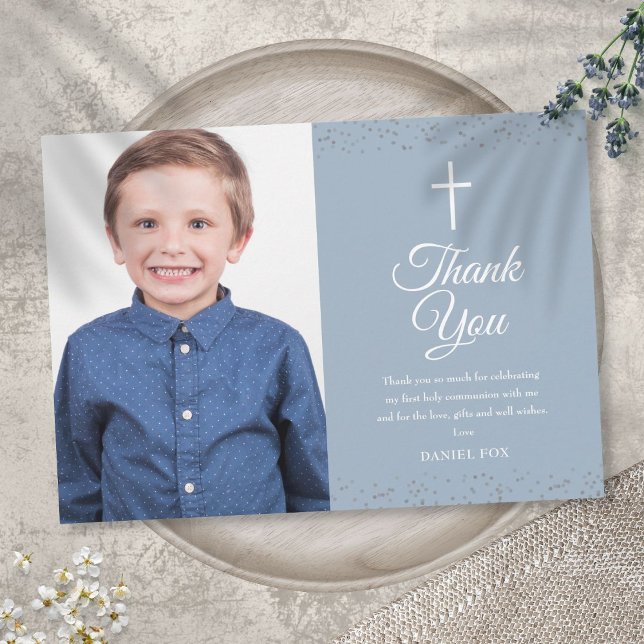 Carte De Remerciements Dusty Blue Stardust First Holy Communion Photo (Créateur téléchargé)