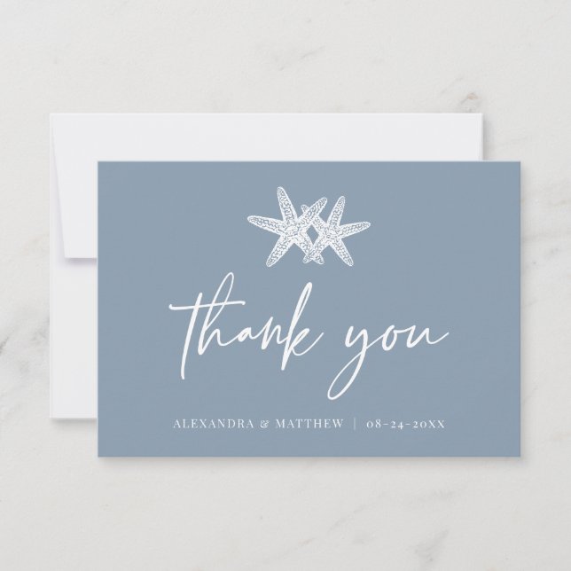 Carte De Remerciements Dusty Blue Starfish Design Script Plage Mariage (Devant)