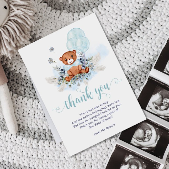 Carte De Remerciements Dusty Blue Teddy Bear Balloon Baby shower garçon (Créateur téléchargé)