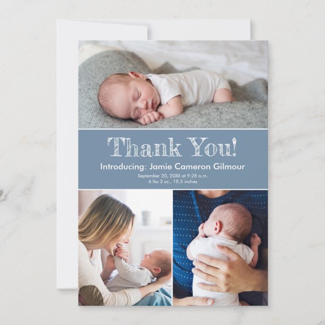 Carte De Remerciements Dusty Blue Trois Photos Baby Boy Douche (Devant)