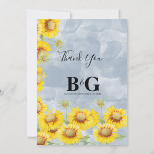 Carte De Remerciements Dusty Blue Watercolor Sunflowers Monogram Mariage