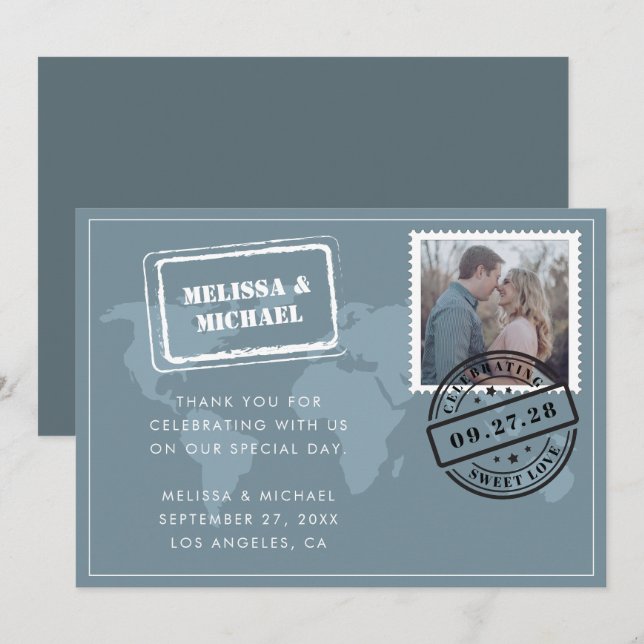 Carte De Remerciements Dusty Blue World Map Destination Wedding Photo (Devant / Derrière)