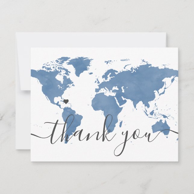 Carte De Remerciements Dusty Blue World Map et photo de mariage de plage (Devant)