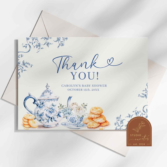 Carte De Remerciements Dusty Bue Chinoiserie Baby shower Tea Party (Créateur téléchargé)