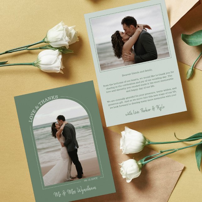 Carte De Remerciements Dusty Green Arch Mariage Photo Love & Thanks (Créateur téléchargé)