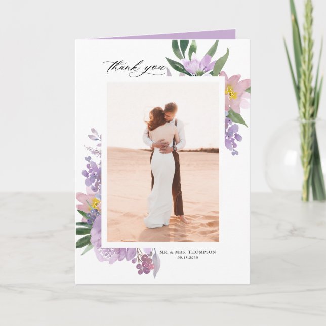 Carte De Remerciements Dusty Purple Peonies et Mariage photo Rose (Devant)