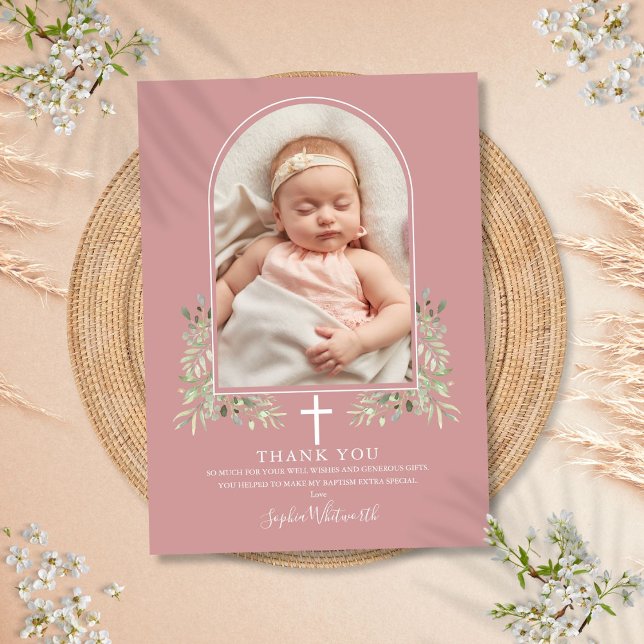 Carte De Remerciements Dusty Rose rose Baptême vert Arc Photo (Dusty Rose Pink Baptism Greenery Arch Photo Thank You Card)