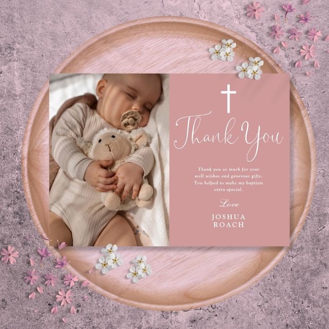 Carte De Remerciements Dusty Rose rose Élégant Script Photo Baptême (Dusty Rose Pink Elegant Script Photo Baptism Thank You Card)