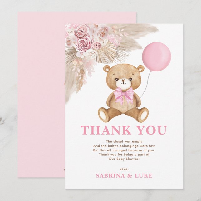 Carte De Remerciements Dusty rose Teddy Ours Balloon Baby shower fille (Devant / Derrière)