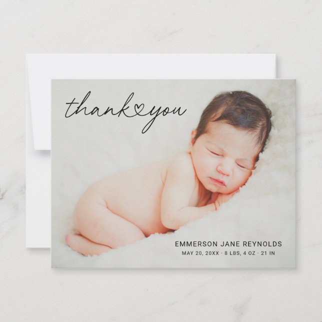 Carte De Remerciements Écriture Cœur Moderne Bébé Fille Nouveau-Né (Devant)
