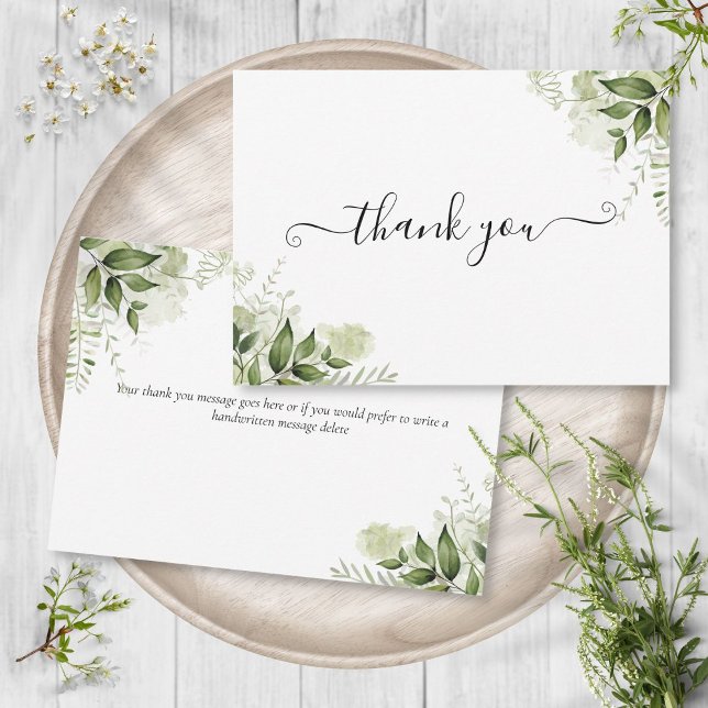 Carte De Remerciements Écriture élégante de feuilles de verdure (Elegant Script Greenery Leaves Thank You Card)