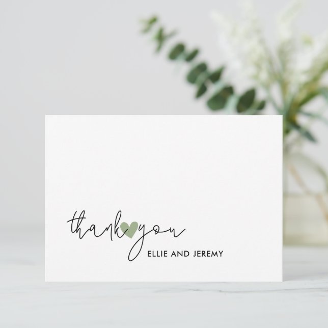 Carte De Remerciements Écriture moderne de calligraphie Mariage Cœur Vert (Debout devant)