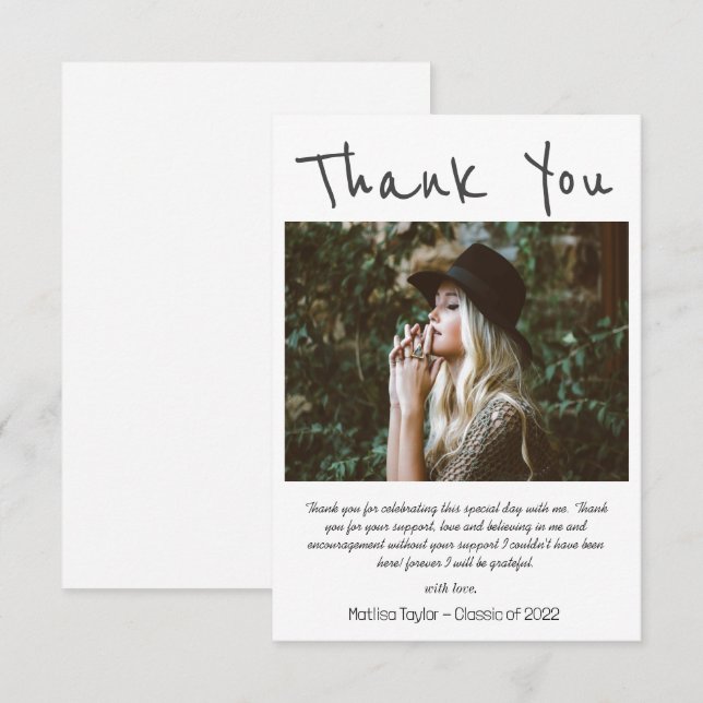 Carte De Remerciements Écriture simple noire - Diplôme photo (Devant / Derrière)