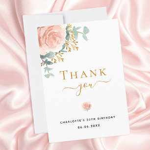 Carte De Remerciements Eeucalyptus fleuris d'anniversaire vert rose or ro
