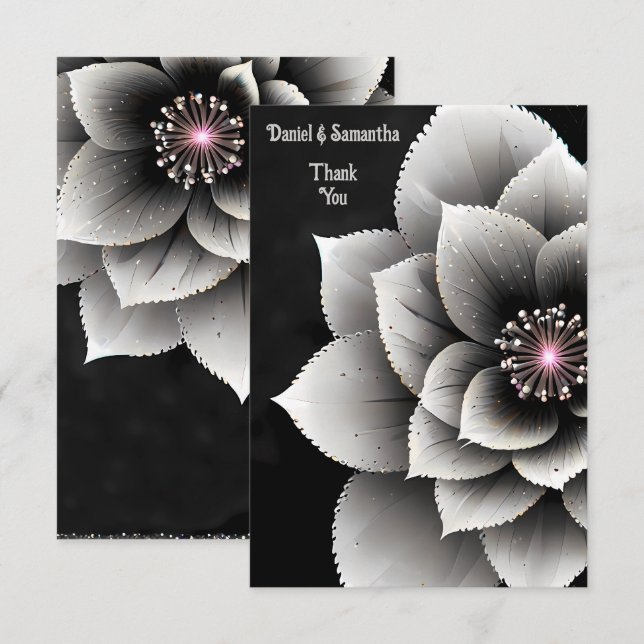 Carte De Remerciements Élégance intemporelle : Mariage en fleurs noir et  (Devant / Derrière)