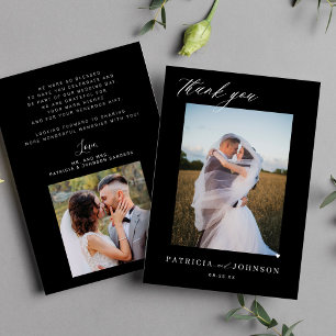 Carte De Remerciements Élégant 2 photo élégant script noir mariage