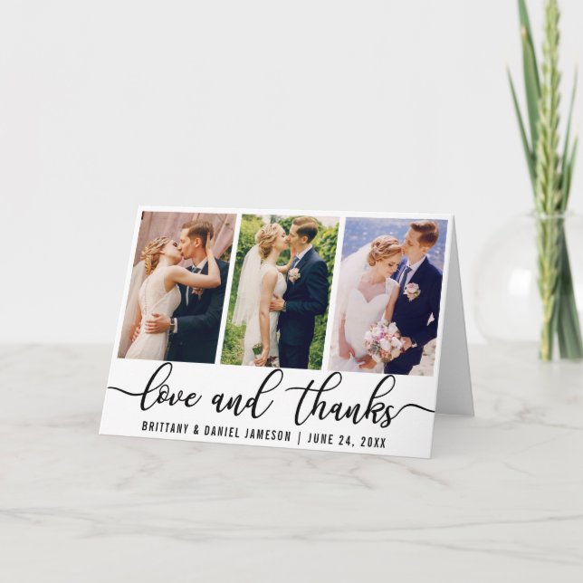 Carte De Remerciements Elegant 3 Photo Mariage Love and Thanks Pold (Devant)