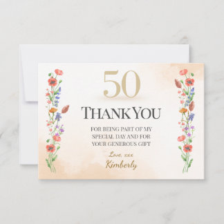Carte De Remerciements Elegant 50th Birthday – Wildflower Design