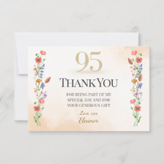 Carte De Remerciements Elégant 95ème anniversaire - Design Fleur sauvage