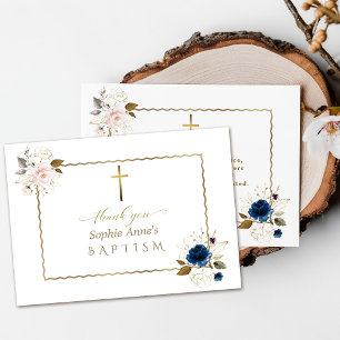 Carte De Remerciements Elégant Aquarelle Bleu Or Fleurs Jumeaux Baptême