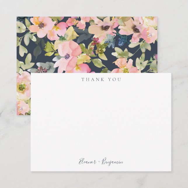 Carte De Remerciements Elégant Aquarelle de la marine rose Nom des Mariag (Devant / Derrière)