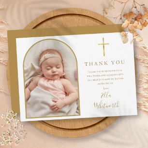 Carte De Remerciements Élégant Arc Or Photo Signature Script Baptême