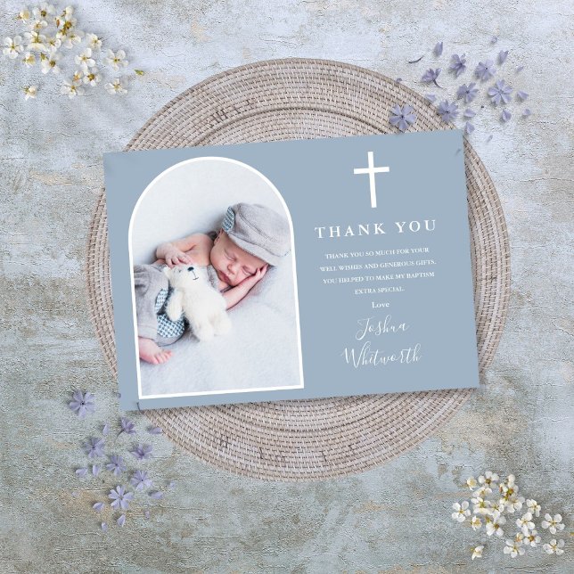 Carte De Remerciements Elégant Arc Photo Dusty Baptême Bleu (Elegant Arch Photo Dusty Blue Baptism Thank You Card)