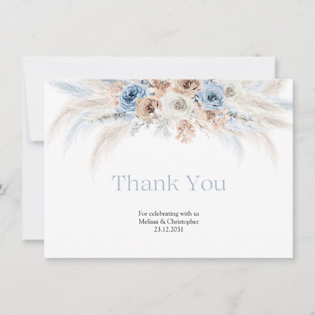 Carte De Remerciements Elégant arc rose bleu poussiéreux fleurs séchées (Devant)