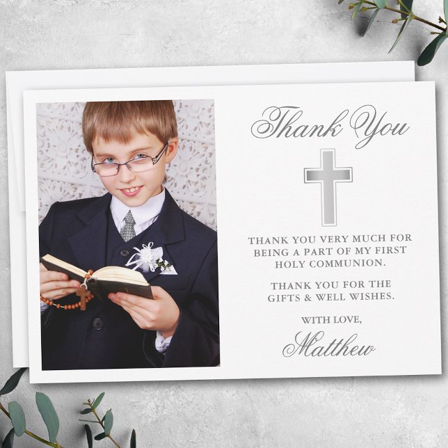 Carte De Remerciements Elégant Argent Première Sainte Communion Photo (Customize to change text size, style, color or to add more text or photos to back of card.)