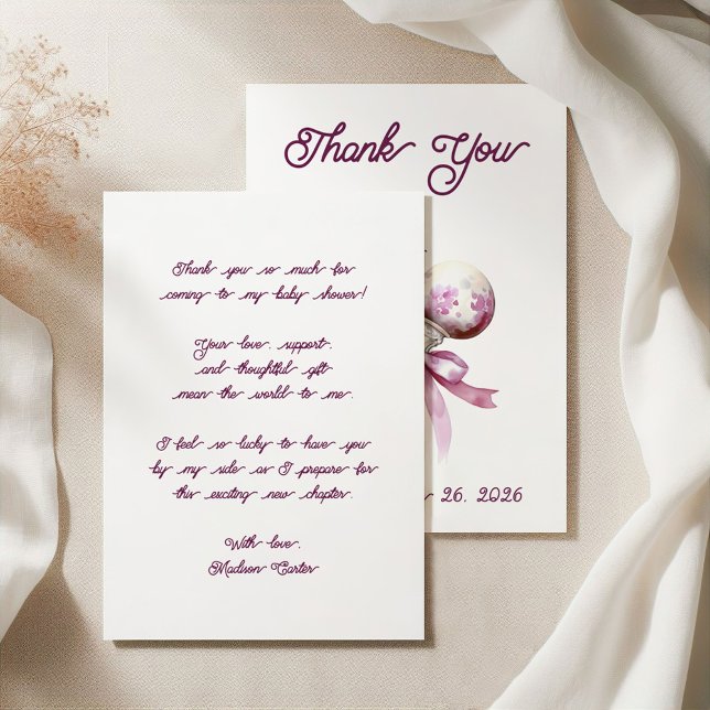 Carte De Remerciements Élégant Baby shower de Bow Bow rose Argent (Créateur téléchargé)