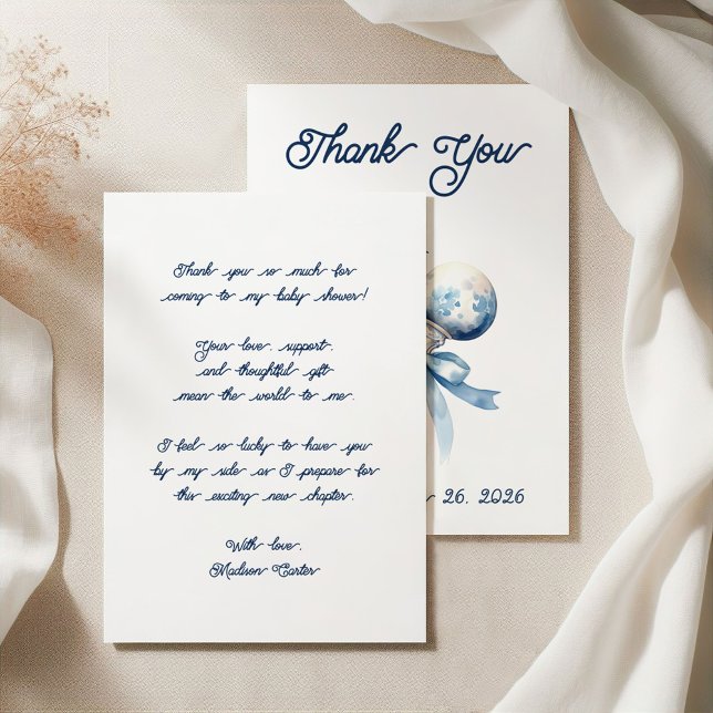 Carte De Remerciements Elégant Baby shower de Bow en Argent Bleu (Créateur téléchargé)