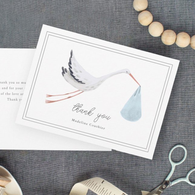 Carte De Remerciements Elégant Baby shower de cigognes à main tiré (Elegant hand painted blue stork boys baby shower thank you cards.)
