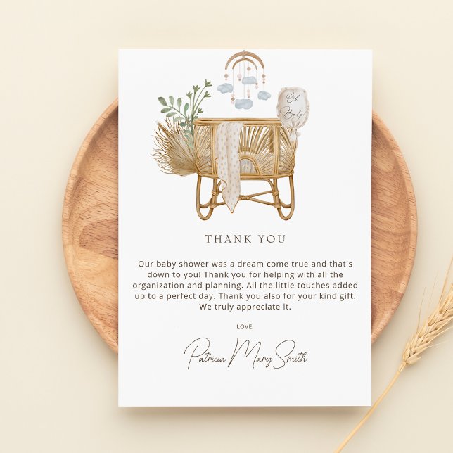 Carte De Remerciements Élégant Baby shower de lit bébé Boho rustique (Rustic Boho Baby Shower Thank You Card)