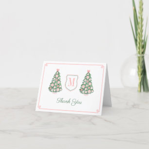 Carte De Remerciements Élégant Baby shower de Noël rose vert Monogramme
