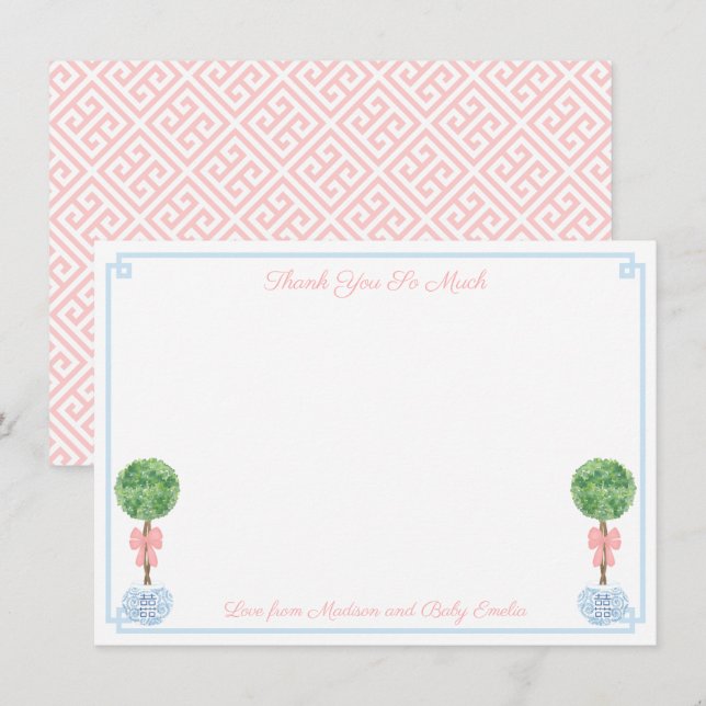 Carte De Remerciements Élégant Baby shower En Bois Rose Et Bleu (Devant / Derrière)