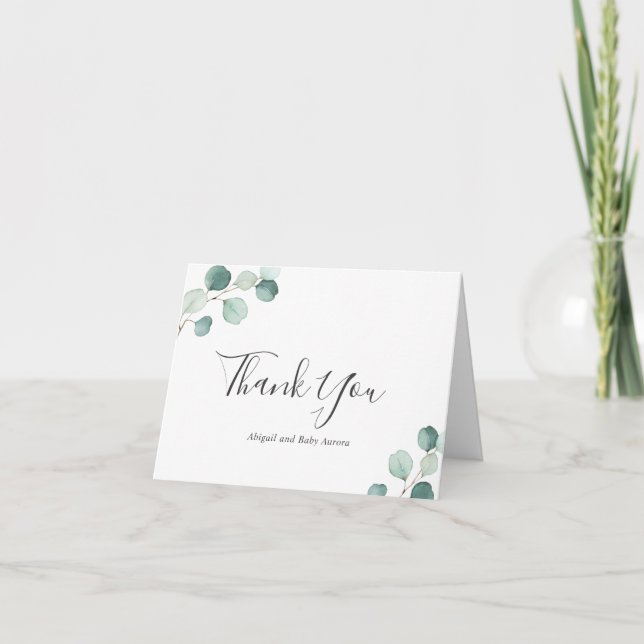 Carte De Remerciements Élégant Baby shower Eucalyptus rustique (Devant)