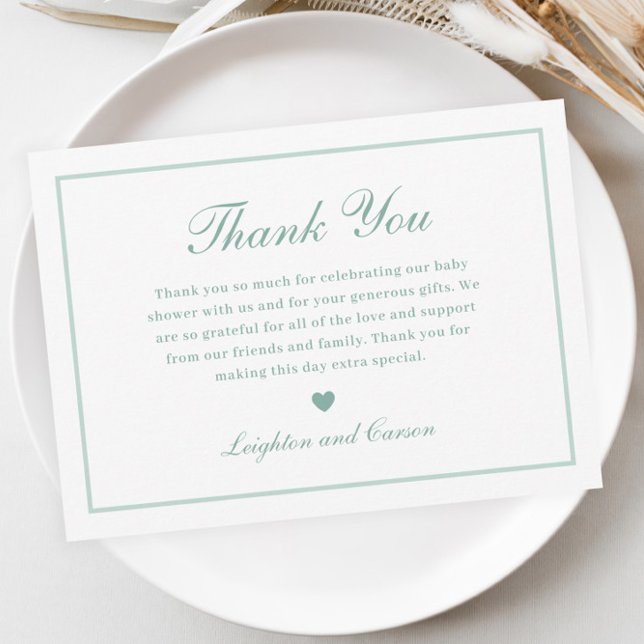 Carte De Remerciements Élégant Baby shower vert Sage Script (Elegant Script Sage Green Gender Neutral Baby Shower Thank You Card.)