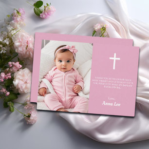 Carte De Remerciements Élégant Baptême Christening Croix blanche Dusty ro
