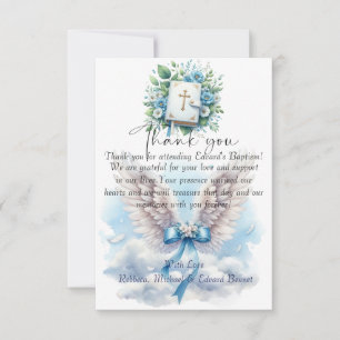 Carte De Remerciements Élégant Baptême de Croix Florale Bleue