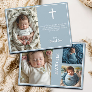 Carte De Remerciements Élégant Baptême Photo Collage Dusty Blue