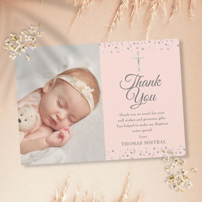 Carte De Remerciements Élégant Baptême rose Coeurs d'argent Photo (Créateur téléchargé)