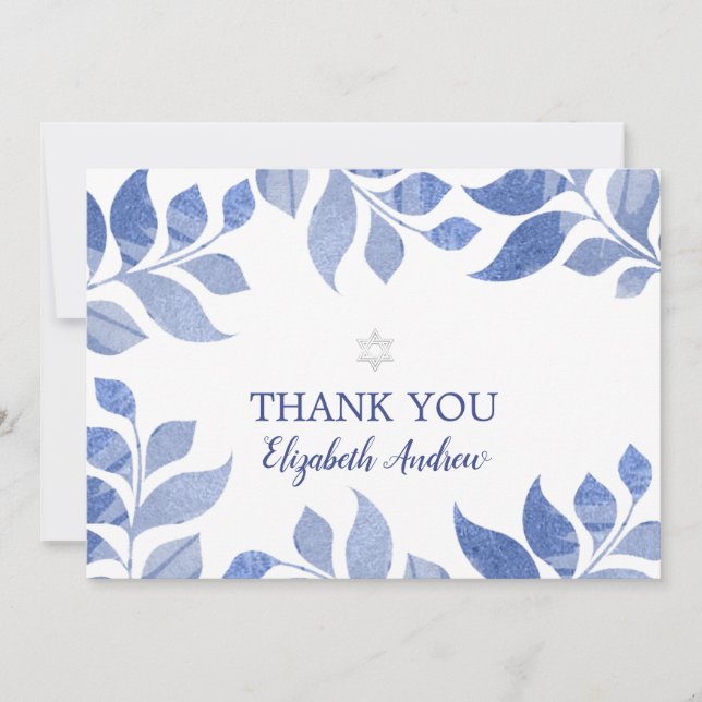 Carte De Remerciements Elégant Bat mitzvah de feuillage bleu aquarelle (Devant)
