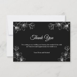 Carte De Remerciements Elegant Black Floral Line Art Wedding 