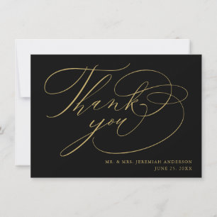 Carte De Remerciements Élégant Black Gold Mariage de script moderne
