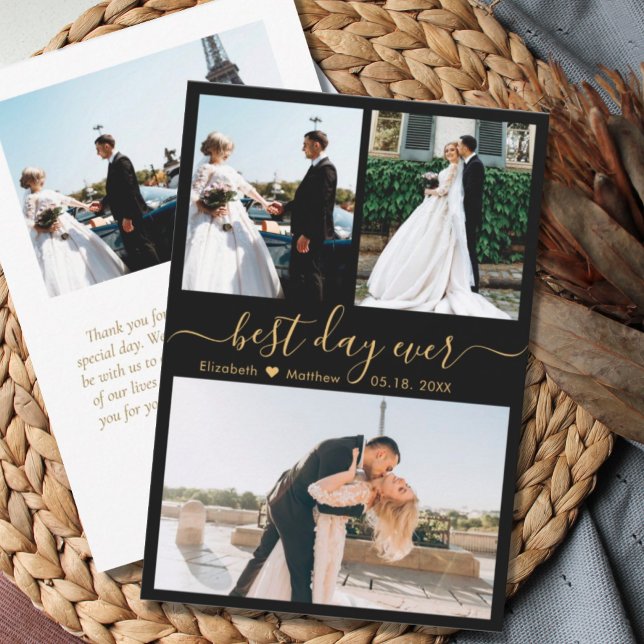 Carte De Remerciements Élégant Black Gold Script Photo Collage Mariage (Créateur téléchargé)