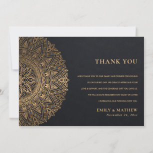 CARTE DE REMERCIEMENTS ÉLÉGANT BLACK OR CLASSIQUE ORNATE MANDALA MARIAGE