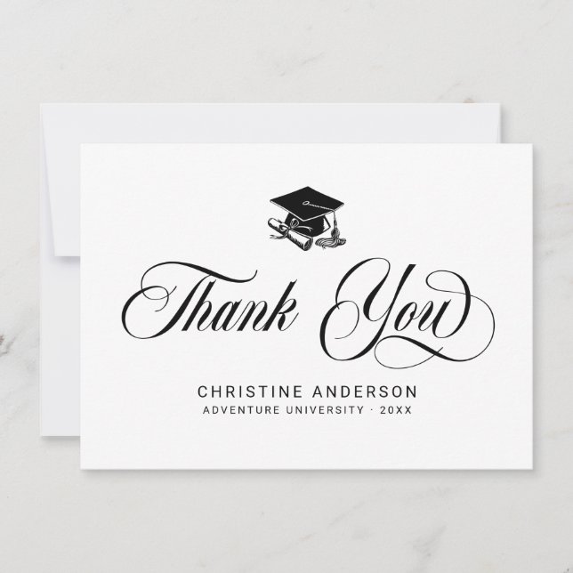 Carte De Remerciements Élégant blanc noir Script Grad Casquette Grad Grad (Devant)