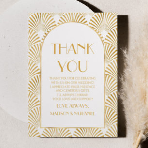Carte De Remerciements Elégant Blanc Or Géométrique Mariage Art Déco