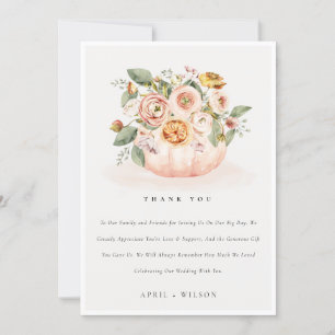 Carte De Remerciements Élégant blanc rose rose Citrouille Mariage floral
