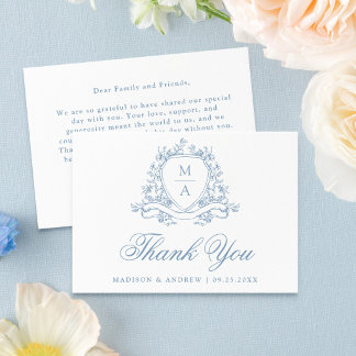 Carte De Remerciements Élégant Blason Floral Bleu Mariage Monogramme